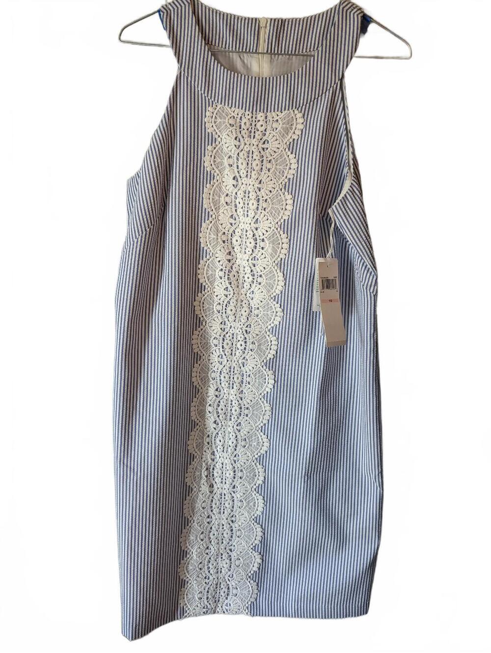 Maggy L Blue and White Striped Sleeveless Dress with Lace Detail, Size US 10